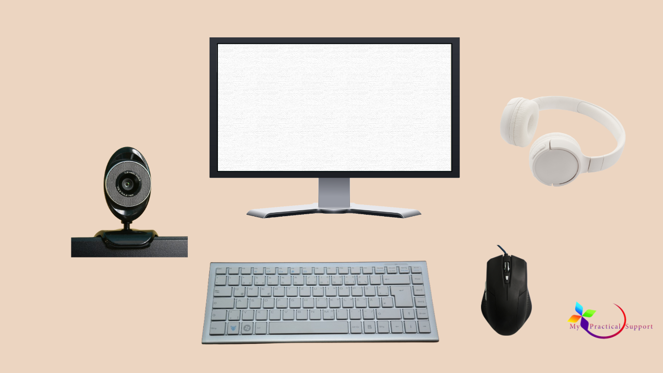 Monitor, Keyboard. mouse, webcam, headphone