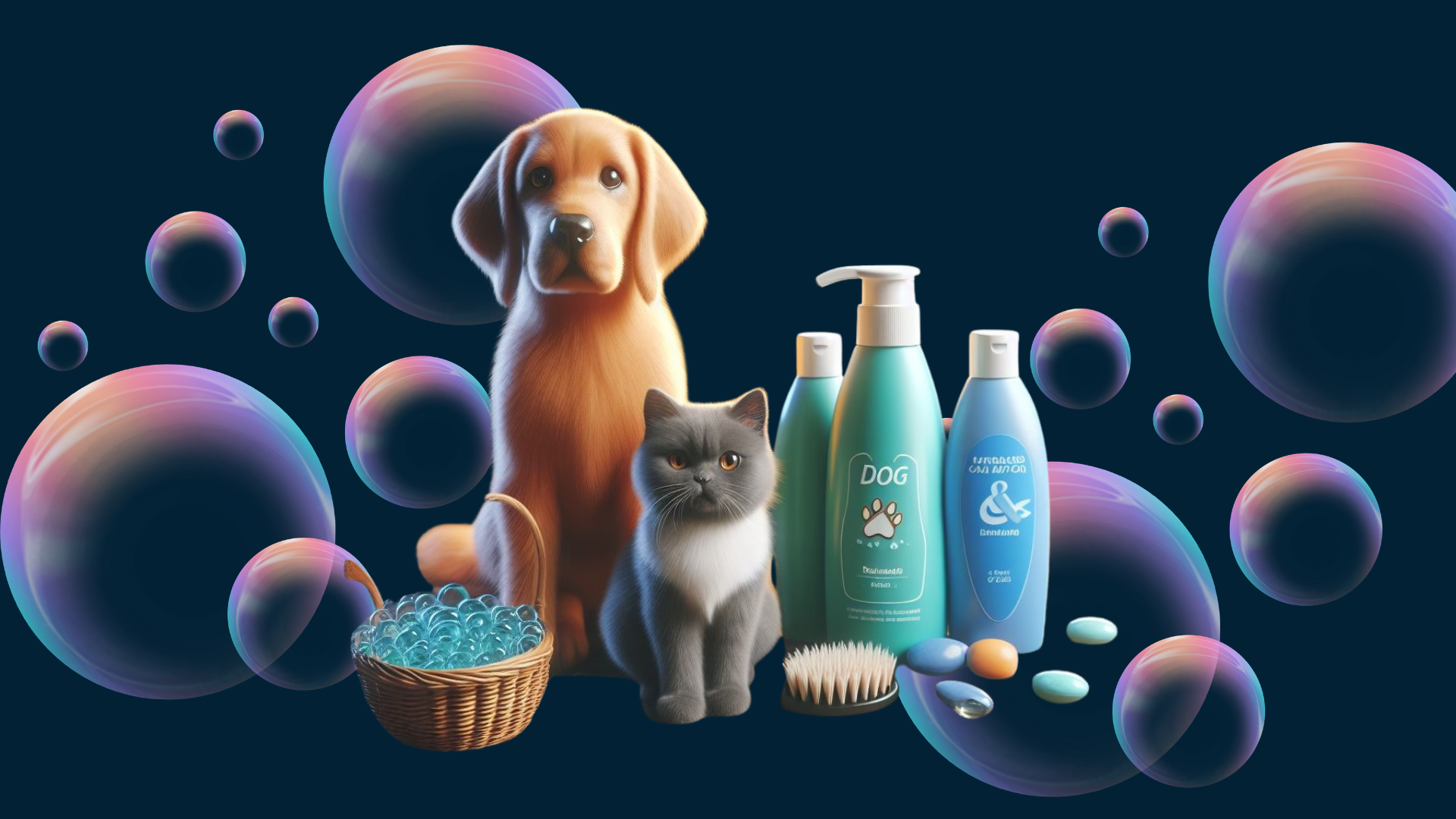 Dog and cat with their shampoo